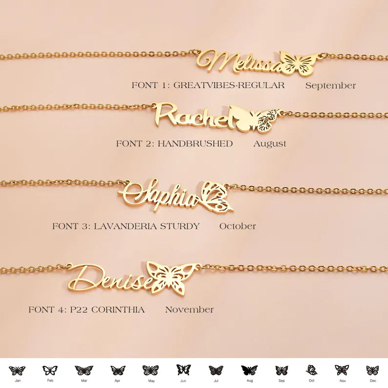 Customized Birth Month Butterfly Name Necklace Twelve Months Butterfly Collection